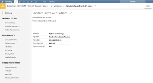 Random Forest algorithm for Marketing AI in Dataiku DSS