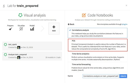 visual analysis and code recipes menu in Dataiku DSS