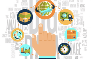 Supply chain and big data in retail image, hand pointing to delivery truck, clock, machine, package, etc.