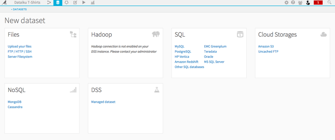 importing a new dataset into Dataiku DSS menu