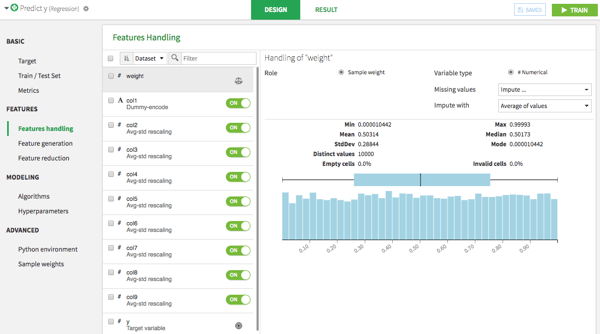 Dataiku DSS visual machine learning model features handling interface