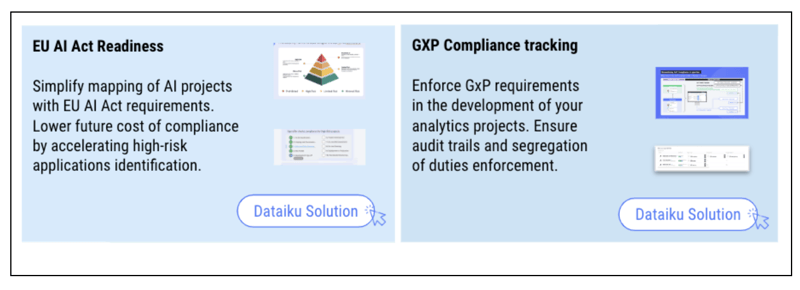 Governance Solutions are also available to Advanced Govern users. Solutions are designed to support maximizing time-to-value in specific thematic areas and can be used off-the-shelf or further customized. Our first solutions address the EU AI Act Readiness and GxP in the pharmaceutical industry.
