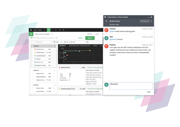 Dataiku DSS machine learning model analysis and discussion dashboards