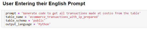 User prompt along with the name, schema of the associated dataset.