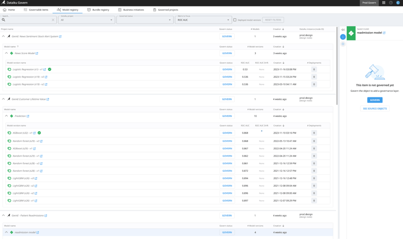 View every model in production from a single screen in Dataiku Govern.