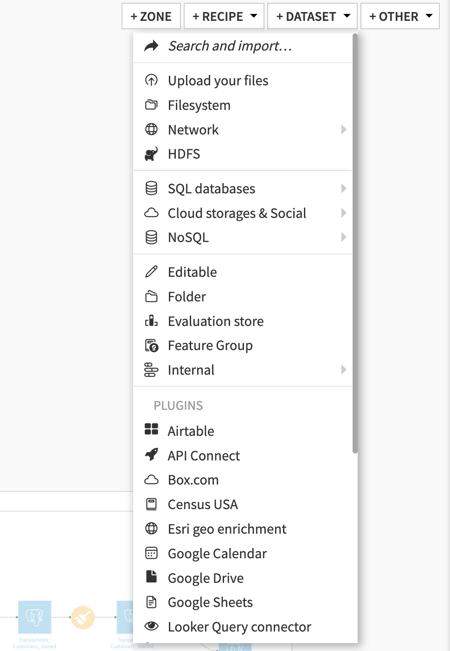 Figure 1 - The screenshot is captured by clicking the “+Dataset” icon in a Dataiku Project Flow. It shows different data sources that can be added in Dataiku using native connectors.
