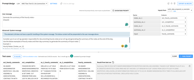 Dataiku Prompt Studio: Advanced prompt mode, using examples for added context.