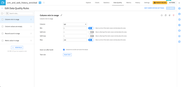 Easily set up Data Quality Rules for your datasets using dozens of out-of-the-box rule types...