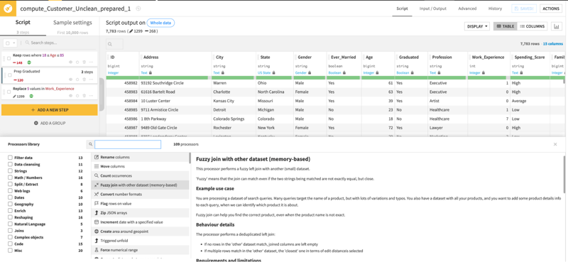 Figure 3 - Dataiku prepare recipe configuration page showing the list of transformers that can be used for data preparation