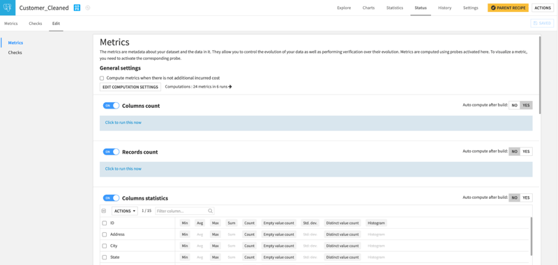 Figure 4 - Dataiku dataset metric configuration page. Users can use multiple pre-built visual metrics and/or create a custom one using SQL or Python.