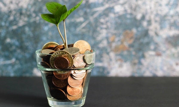 coins in a jar with a plant