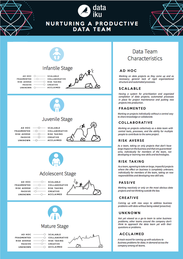 Infographic with data team characteristics and how to nurture your data team from infantile to mature