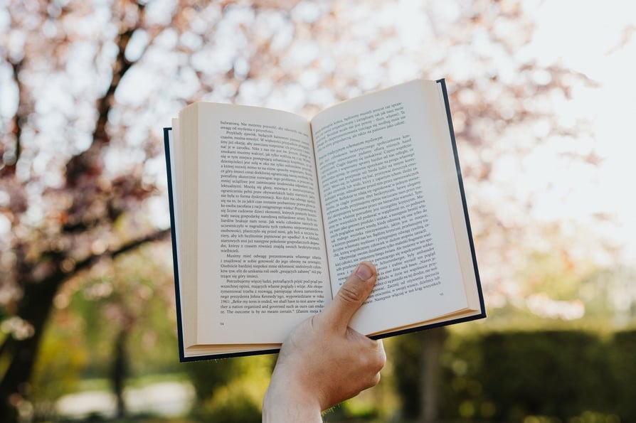 person holding opened book with trees in the background