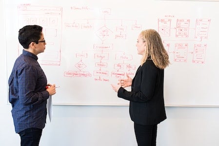 two colleagues at a whiteboard