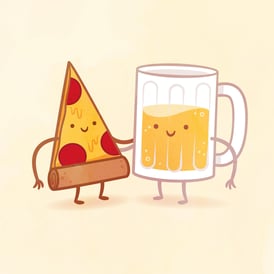 pizza and beer cartoon characters holding hands