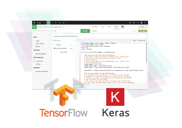 TensorFlow and Keras logos over Dataiku DSS interface screenshot