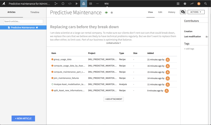 A collaborative wiki in a predictive maintenance project in Dataiku.