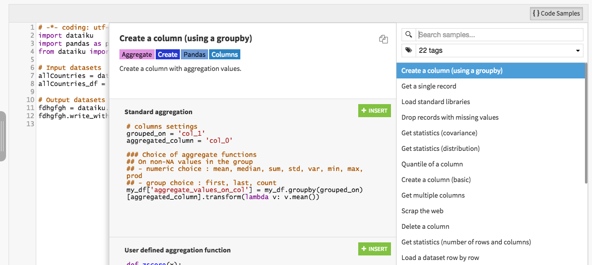 ata science studio code snippets dataiku