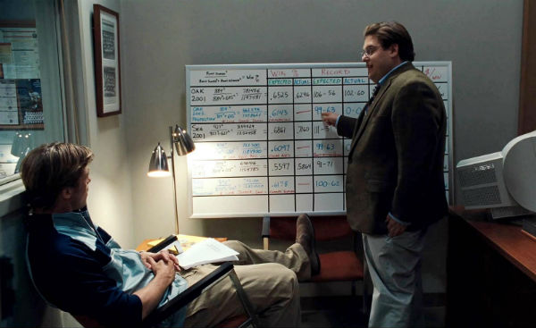 scene from the movie Moneyball with stats on a whiteboard