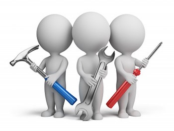 three cartoon people holding construction tools