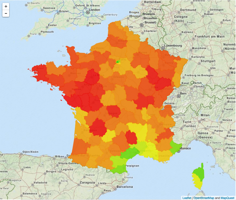 interactive map of French regions with the highest number of epiceries built with and visualized in Dataiku DSS