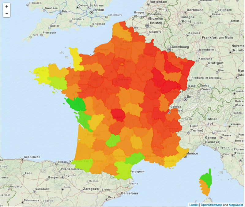 interactive map of French regions with the highest concentration of fish shops built with and visualized in Dataiku DSS